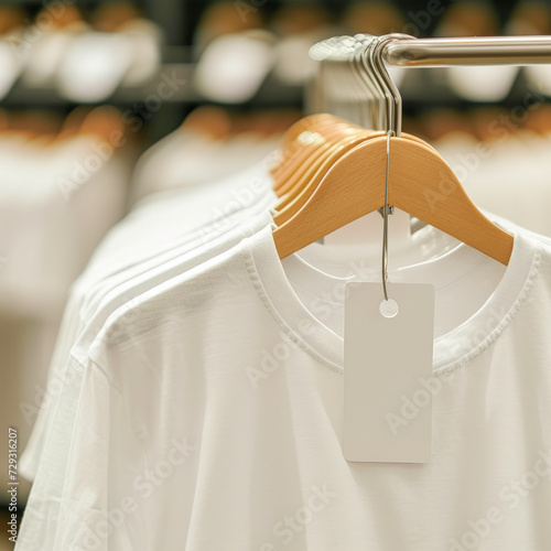 A mockup of white tees in a store with a white prize tag