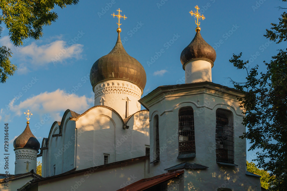 Pskov, Russia, September 6, 2023. The upper part of the bell tower and dome of the Church of Vasily.