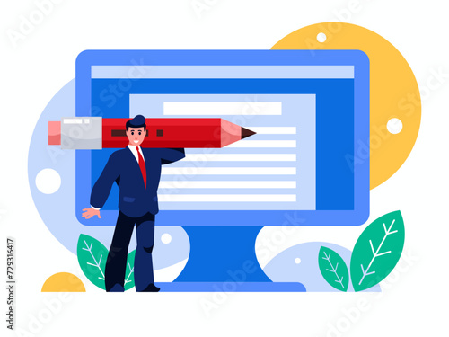 Businessman compiling a report on a computer using a text editor. Man stands with a huge pencil. Business reporting. Accounting. Background with a display on the screen with a text editor open. Vector
