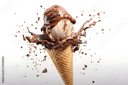 ice cream splashing with liquid chocolate isolated on white background
