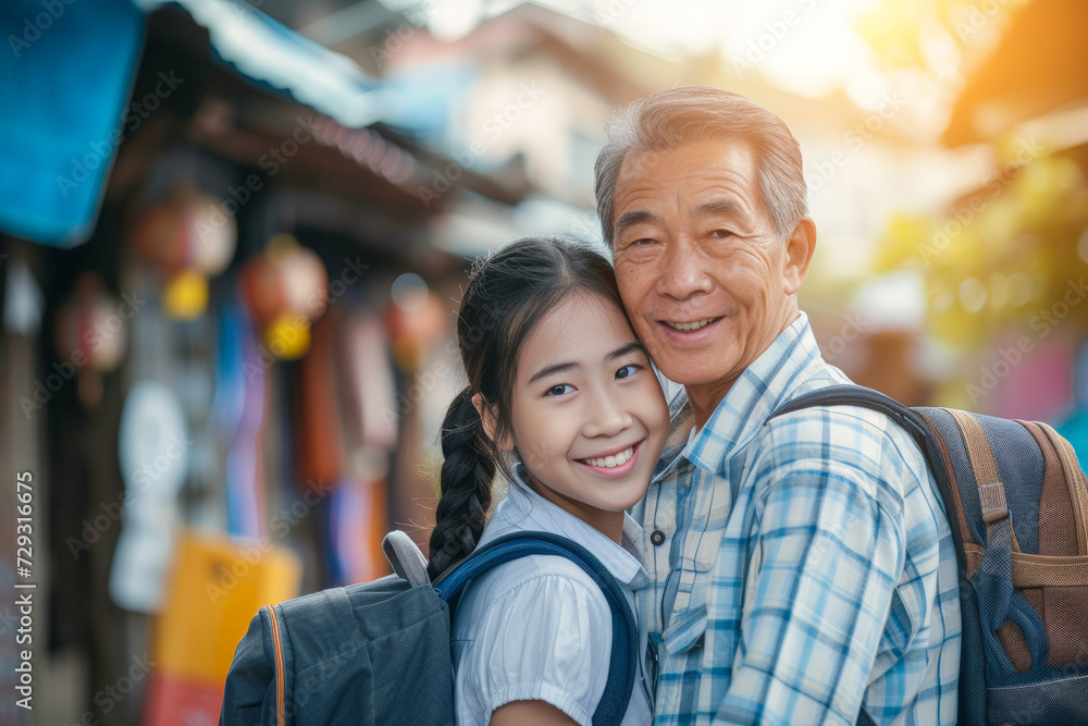 Grandfather and Granddaughter Adventure: A heartwarming portrait of a loving grandfather and his granddaughter, embracing in a bustling Asian marketplace