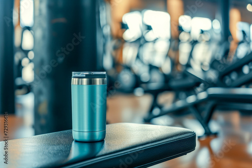 tumbler mockup, Coffee glass, stainless steel, reusable mixer blank, insulated aluminum cup, on blurred fitness background photo