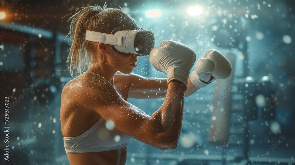sportswoman using innovative technology VR glasses for exercise. Attractive beautiful girl wearing virtual reality headset and boxing gloves