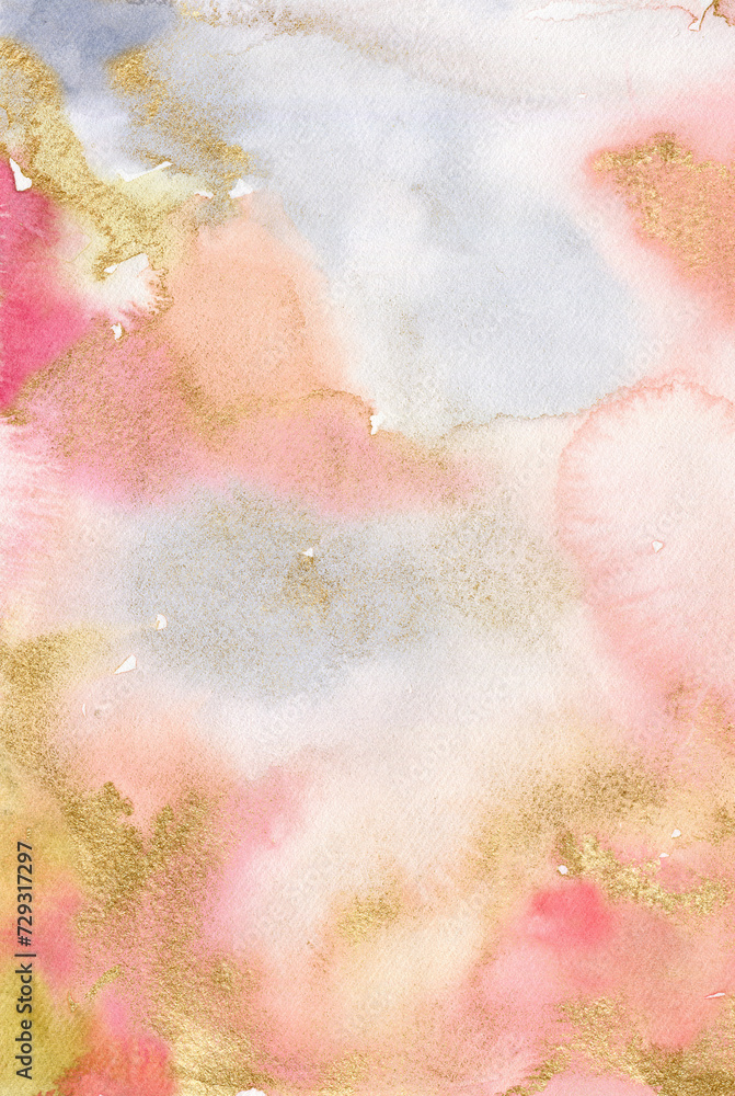 Obraz premium Watercolor abstract sky textures of gold, pink, yellow and blue spots. Hand painted pastel illustration isolated on white background. For design, print, fabric or background.