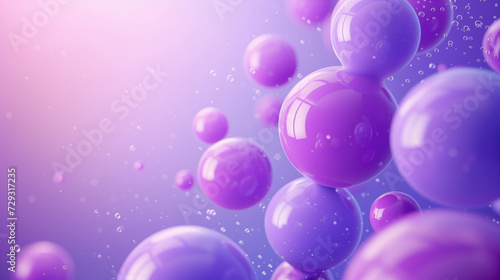 Purple glossy shiny balloons on purple background in flight levitation, 3D