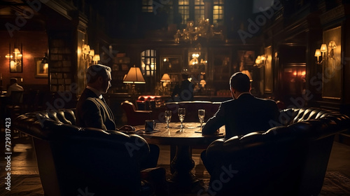 Side view portrait of mature businessman in luxury restaurant, copy space solid business bar, men in suits, dark expensive atmosphere