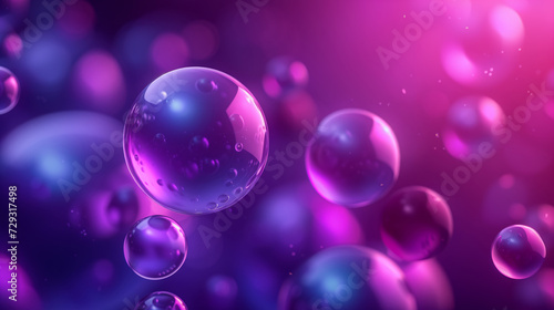 Purple glossy shiny balloons on purple background in flight levitation, 3D