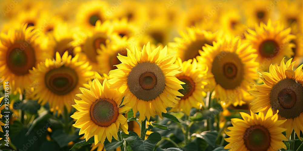 Fototapeta premium Yellow Summer Sunflowers: Field of Sunflowers in Full Bloom, Creating a Sea of Yellow