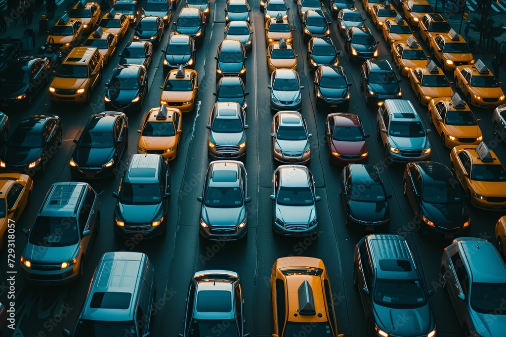Fototapeta premium Traffic on a multi-lane road in the center of a large metropolis city