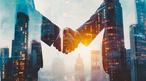 Double exposure of two businessman, handshake for investment deal during sunrise and urban skyscrapers  background.