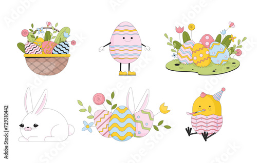 Bunny paschal eggs line cartoon flat illustrations set. Easter egg hunt 2D lineart characters, objects isolated on white background. Resurrection springtime eastereggs vector color images collection