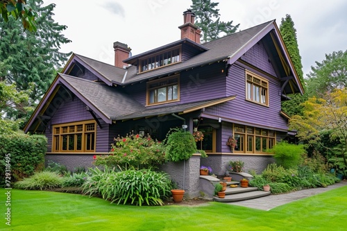 a side angle view of A pastel purple craftsman cottage, with a front view showing elegant 