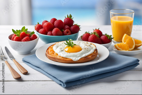 Breakfast with toast  fried egg and fresh berries on wooden table