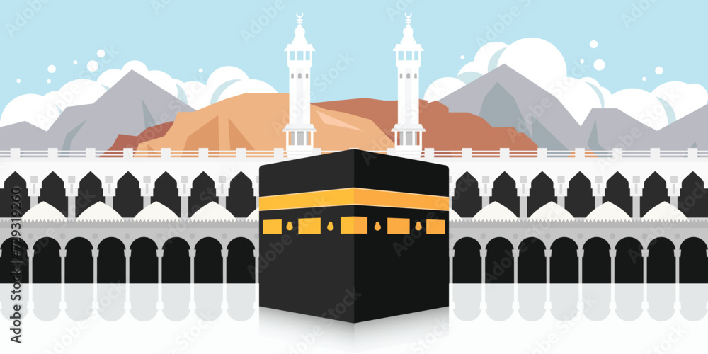 Naklejka premium Kaaba vector in Holy Mosque in Mecca and mountains behind Kaaba for pilgrimage or hajj steps - Eid Adha Mubarak