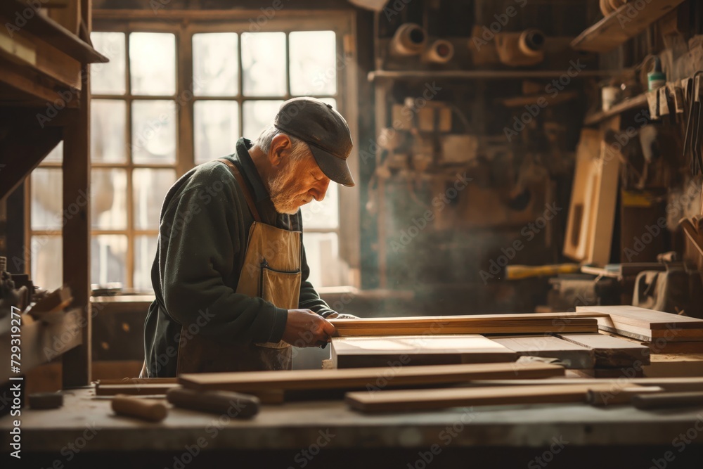 Senior man crafting in a workshop, symbolizing skilled hobby and active retirement. Senior man crafting in a workshop, symbolizing skilled hobby and active retirement.