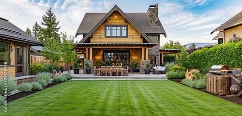 A wheat-colored craftsman cottage with a backyard and a rustic, wooden grain mill replica --no shadow