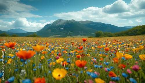 field of flowers on a mountain. flowers with Mountain View in the distance