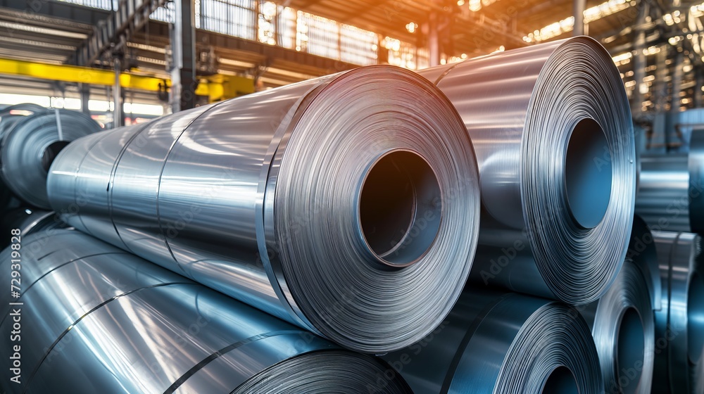 Rolls of galvanized steel sheet inside warehouse or factory building. Rolls of galvanized steel sheet inside warehouse or factory building.