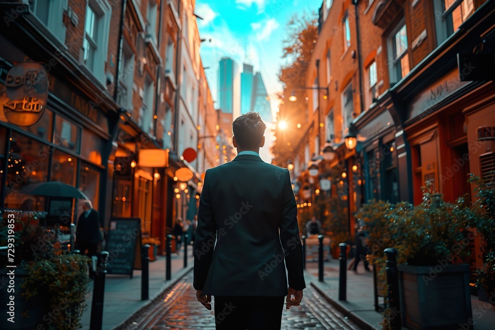 Back photo a businessman walk between buildings Back photo a businessman walk between buildings