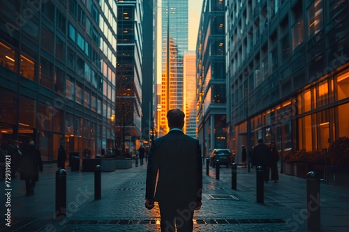 Back photo a businessman walk between buildings