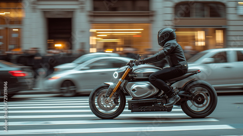 A sporty motorbike with a motorcyclist in a black helmet and leather jacket rushes through the streets of the city