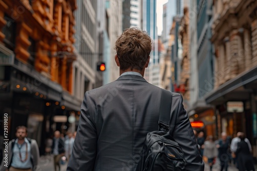 Back photo a businessman walk between buildings