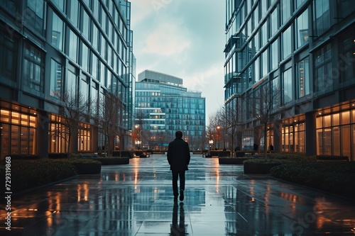 Back photo a businessman walk between buildings