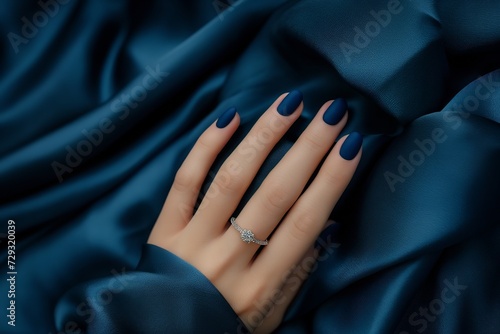 hand holding ring and blue nails on dark blue fabric