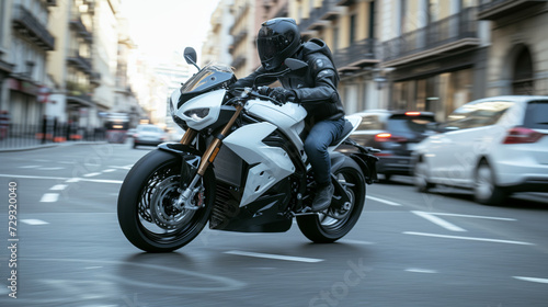 A sporty motorbike with a motorcyclist in a black helmet and leather jacket rushes through the streets of the city © Alina Zavhorodnii