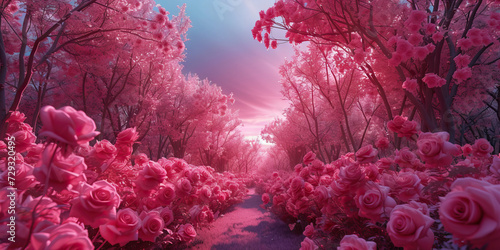 Pink Rose Garden: Lush Garden of Pink Roses Providing a Romantic Pink Background