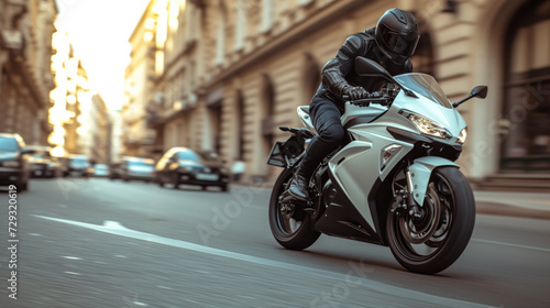 A sporty motorbike with a motorcyclist in a black helmet and leather jacket rushes through the streets of the city
