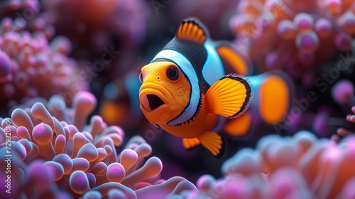 clown fish, Amphiprion Ocellaris Clownfish or anemone fish in deep colorful sea background.clown fish underwater look out of a blue anemone