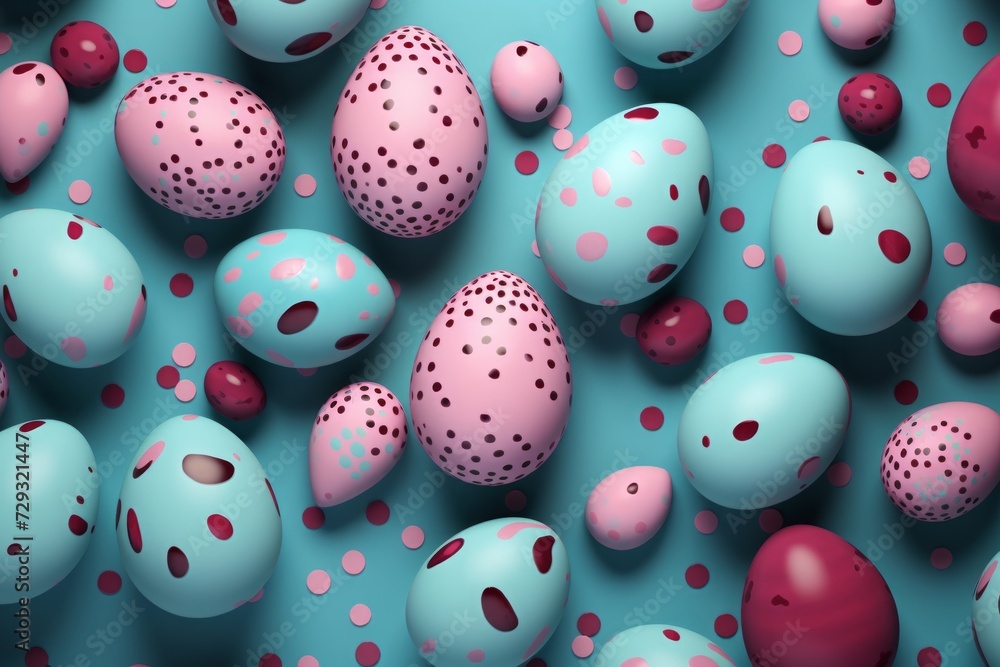 easter rabbits, easter eggs and basket on blue background