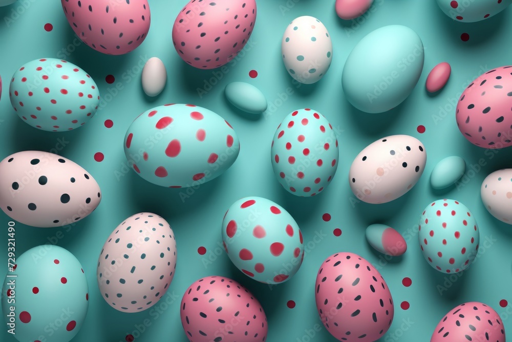 easter rabbits, easter eggs and basket on blue background easter rabbits, easter eggs and basket on blue background