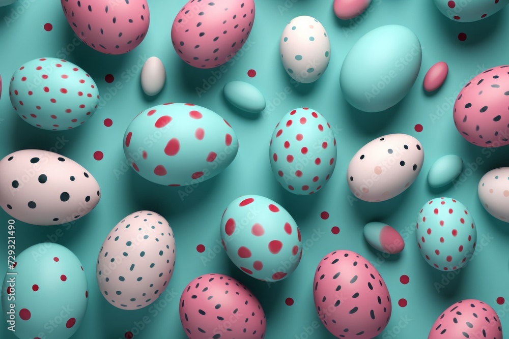 easter rabbits, easter eggs and basket on blue background