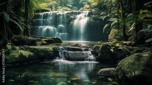 Serene cascading waterfall hidden amidst a lush, emerald forest, © pasakorn