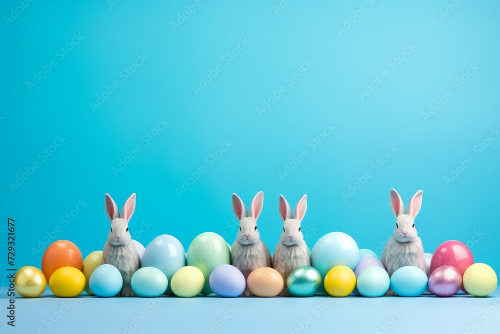 easter rabbits, easter eggs and basket on blue background easter rabbits, easter eggs and basket on blue background