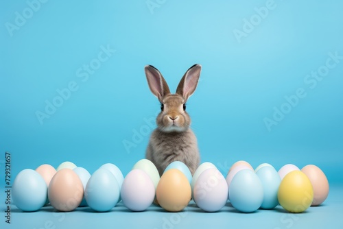 easter rabbits, easter eggs and basket on blue background