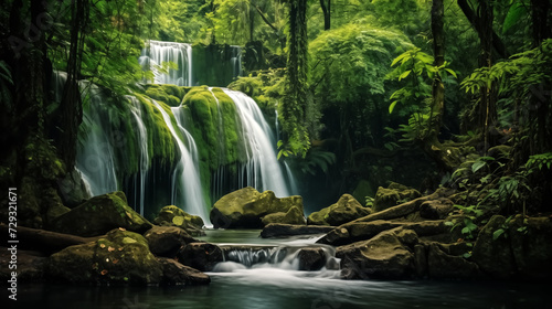 Serene cascading waterfall hidden amidst a lush, emerald forest,