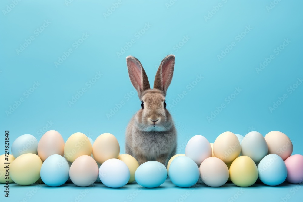 easter rabbits, easter eggs and basket on blue background