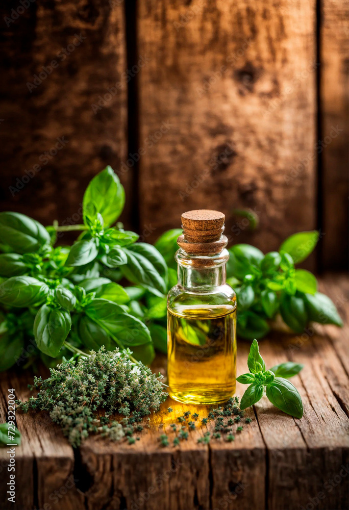 basil essential oil in a bottle. Selective focus. basil essential oil in a bottle. Selective focus.