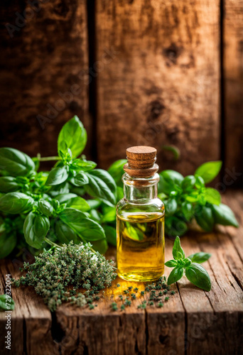 basil essential oil in a bottle. Selective focus.