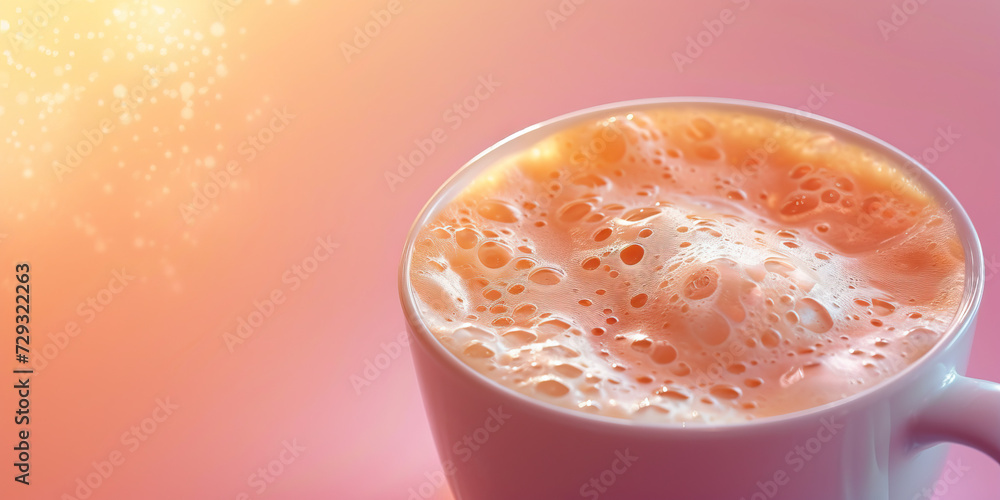 Peachy Café Latte: Close-Up of a Peach-Toned Café Latte with Foam Art for a Cozy Background Peachy Café Latte: Close-Up of a Peach-Toned Café Latte with Foam Art for a Cozy Background