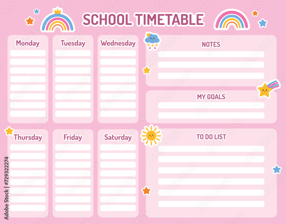 School timetable, printable weekly planner for kids. Lessons, class planning, notes, goals, to do list. Kids schedule design template. Pink weekly planner for girl with rainbow, star. Back to school.
