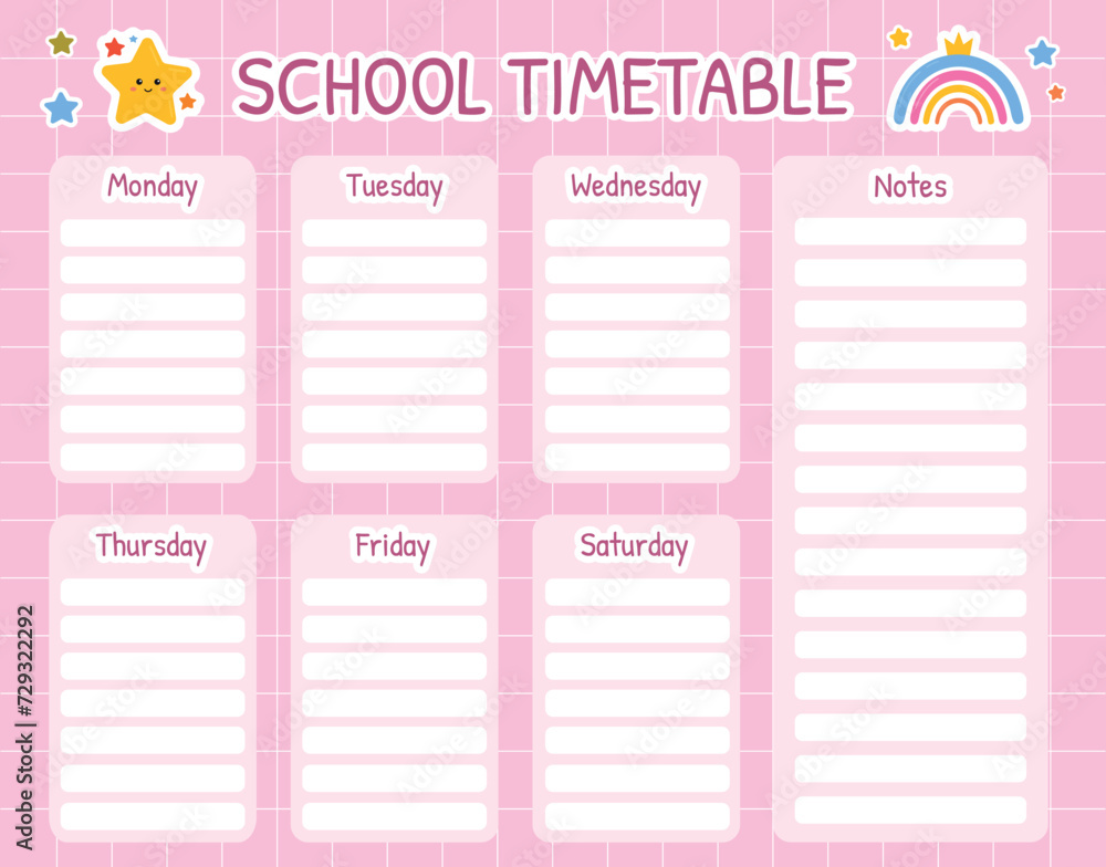 School timetable. Weekly planner for kids printable template. Kids schedule for planning children daily routine, lessons, classes, hobbies, notes. Back to school planner with rainbows and stars. School timetable. Weekly planner for kids printable template. Kids schedule for planning children daily routine, lessons, classes, hobbies, notes. Back to school planner with rainbows and stars.