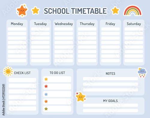School timetable for kids. Weekly planner. Printable schedule for kids design template. Back to school planner. Cute planner for kids daily routine tracking with daily plans, notes, goals, to do list.