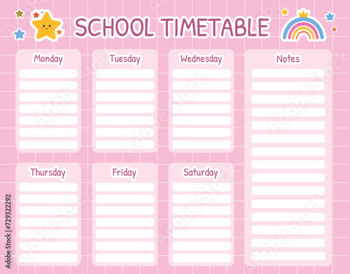 School timetable. Weekly planner for kids printable template. Kids schedule for planning children daily routine, lessons, classes, hobbies, notes. Back to school planner with rainbows and stars.