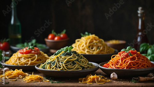 A variety of colorful pasta types vibrant green spinach fettuccine, rich red tomato infused linguine, and golden strands of saffron infused spaghetti on a rustic Italian-inspired backdrop