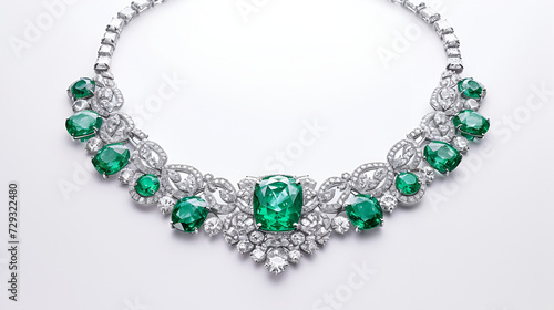 Necklace in emeralds and with diamondson white background. generative ai