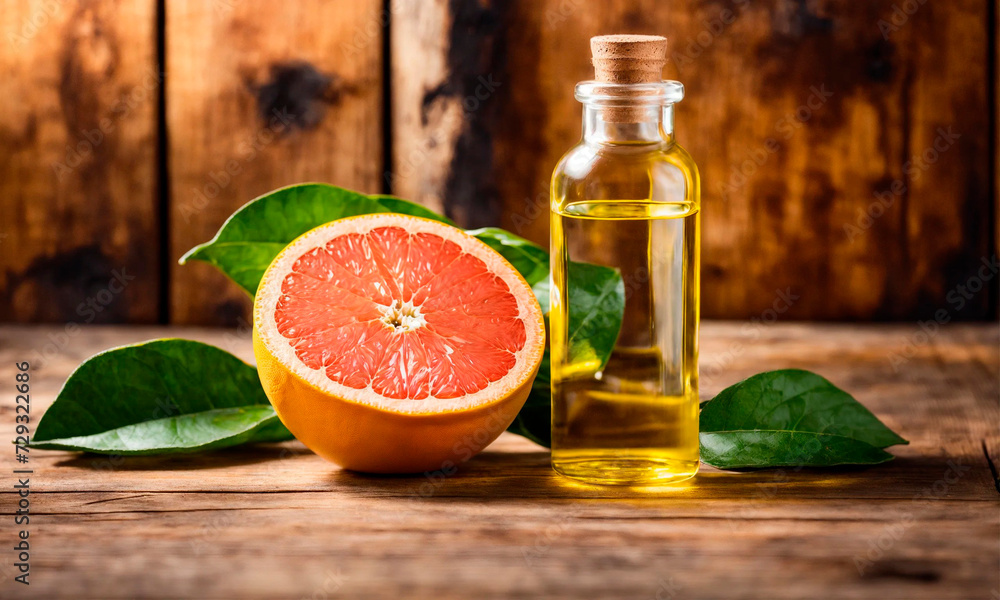 grapefruit essential oil in a bottle. Selective focus. grapefruit essential oil in a bottle. Selective focus.